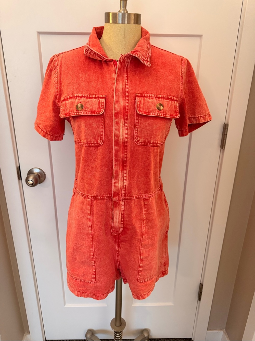 Distressed Short Sleeve Denim Utility Romper